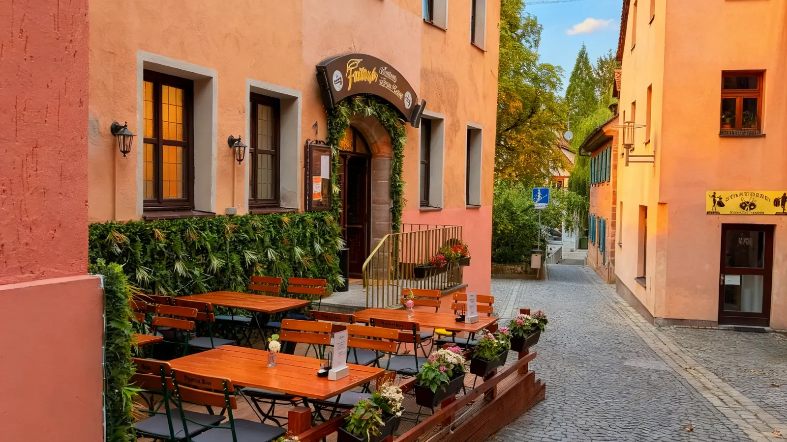 Fattush in der Höllgasse: lachsfarbene Hausfront mit dem geschwungenen Schild über dem begrünten Rundbogen-Eingang, davor der Gastgarten mit Holztischen und Blumenkästen, rechts die kopfsteingepflasterte Gasse. Foto unseres Lokals, mit KI nachbearbeitet.